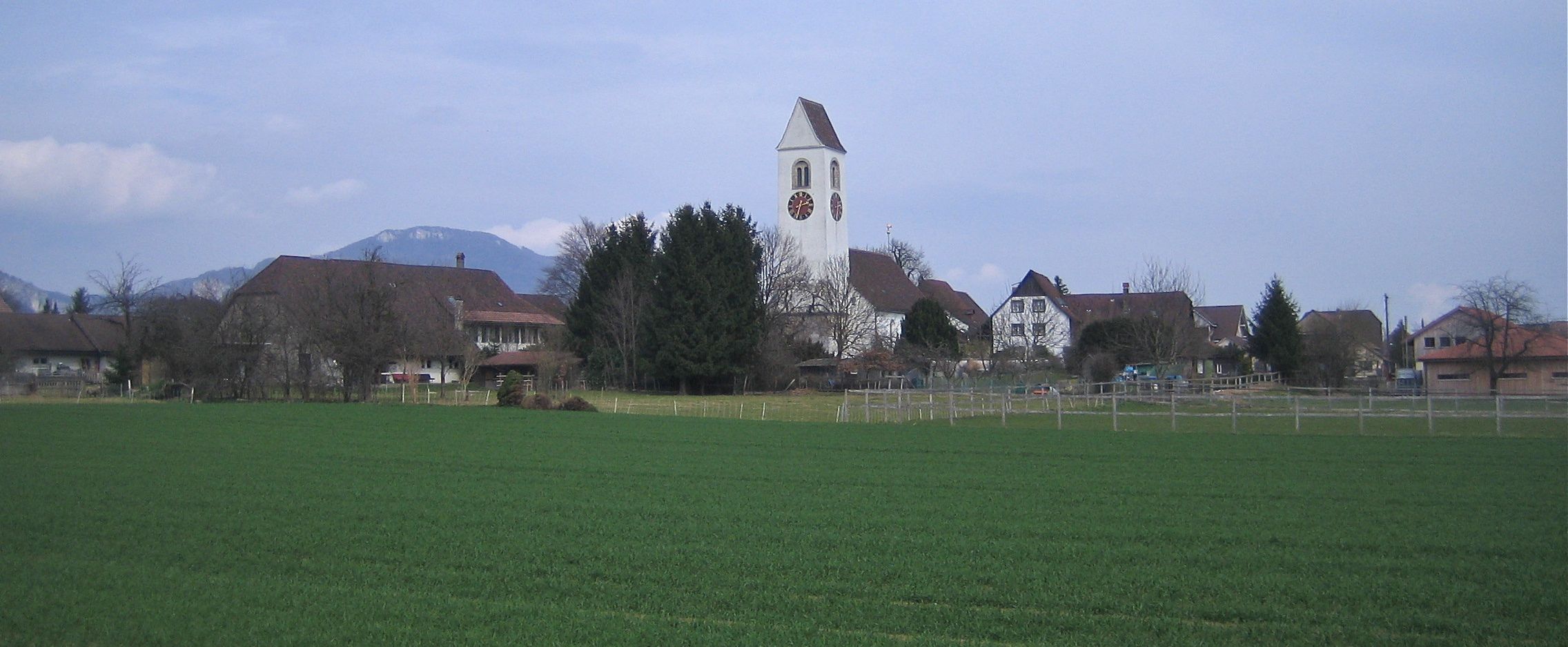 Niederbipp, Blick vom Grod auf die Kirche und Buchsern. Im Hintergrund der Roggen